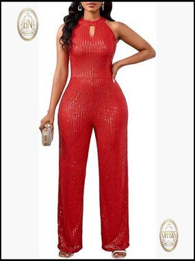 Polyester Sparkly Sequins Jumpsuit Halter Neck Bodycon Party Night Out
